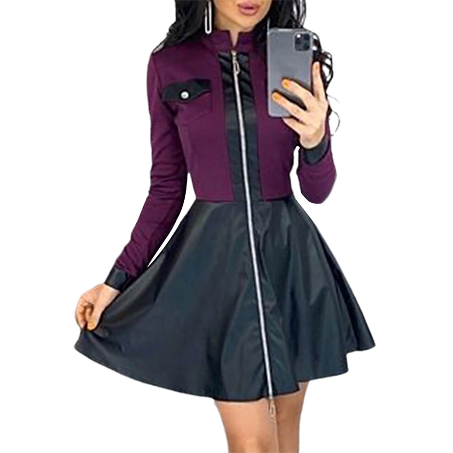 Lace Long Sleeve Zipper Pocket Large Hem Faux Leather Mini Dress