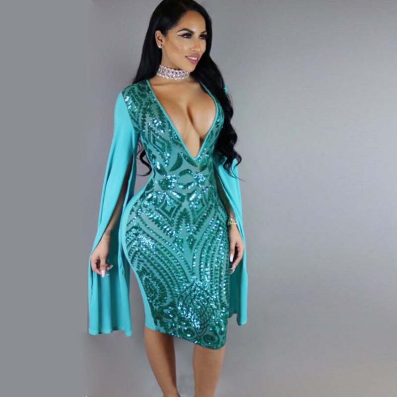 Sparkle Vintage Glam Shawl Slit Sleeves Sequined Dress
