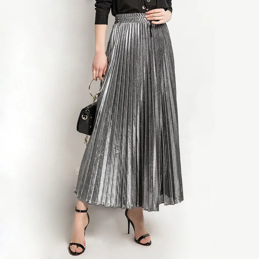 Spring High Waist A-line Pleated Sliver Vintage Elastic Long Skirt