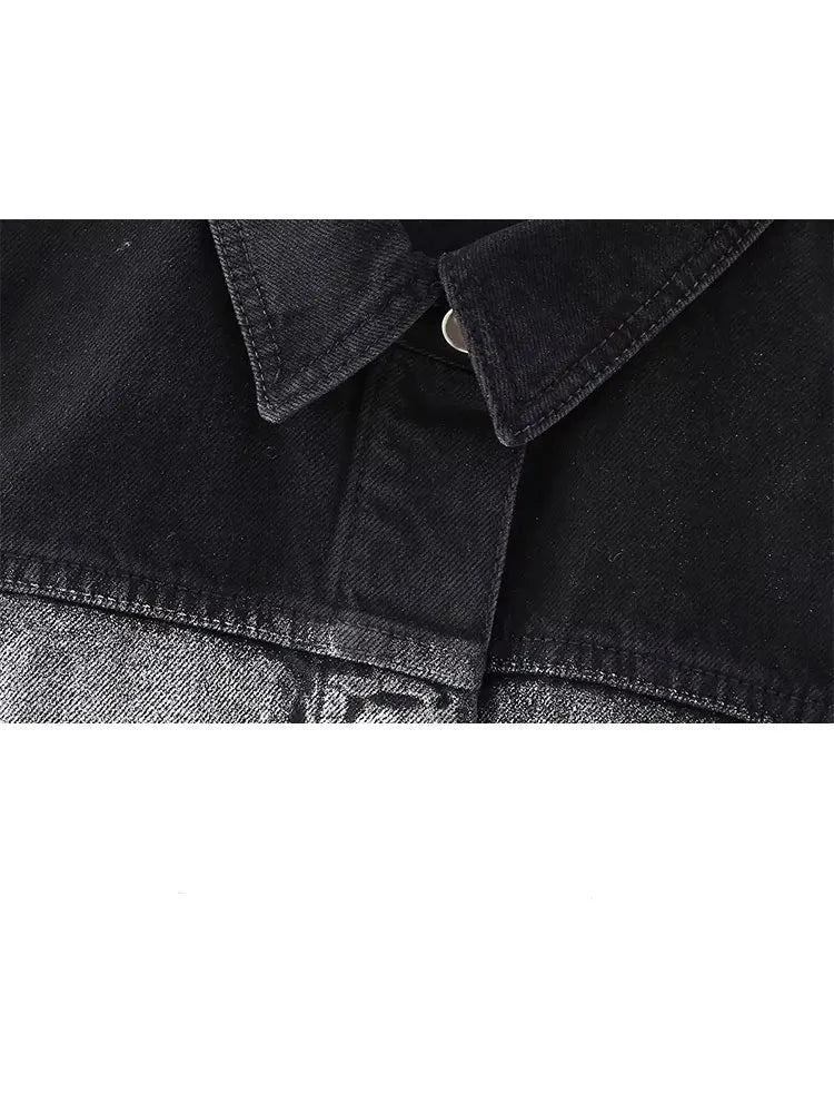 Fashion Shiny Trend Denim Sleeveless Button Vest + High Waist Zipper Slit Slim Skirt