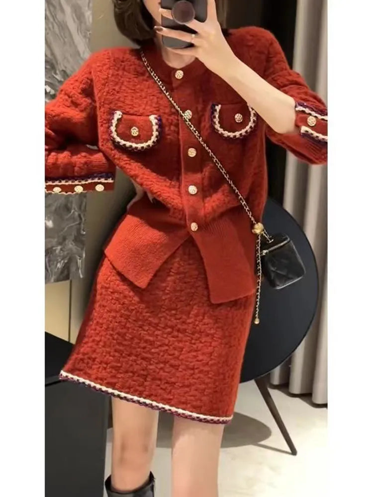Knitted Office Lady Long Sleeve Cardigan Sweater and High Waist Skirt Suit