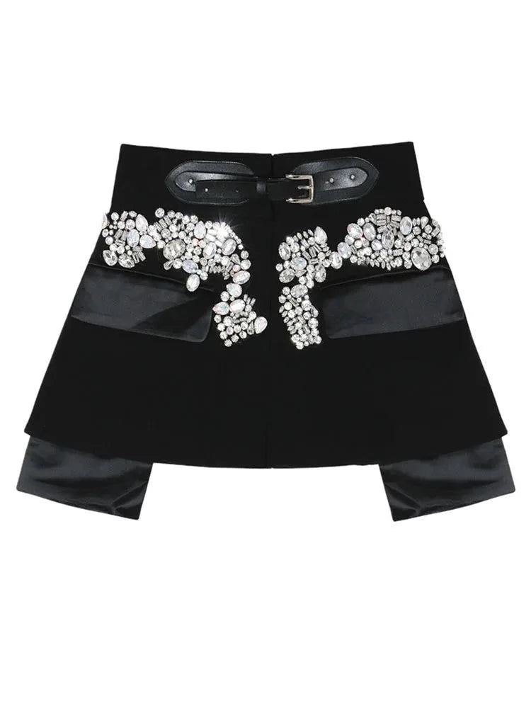 High Waist Rhinestones Belted Fashion Mini Skirt