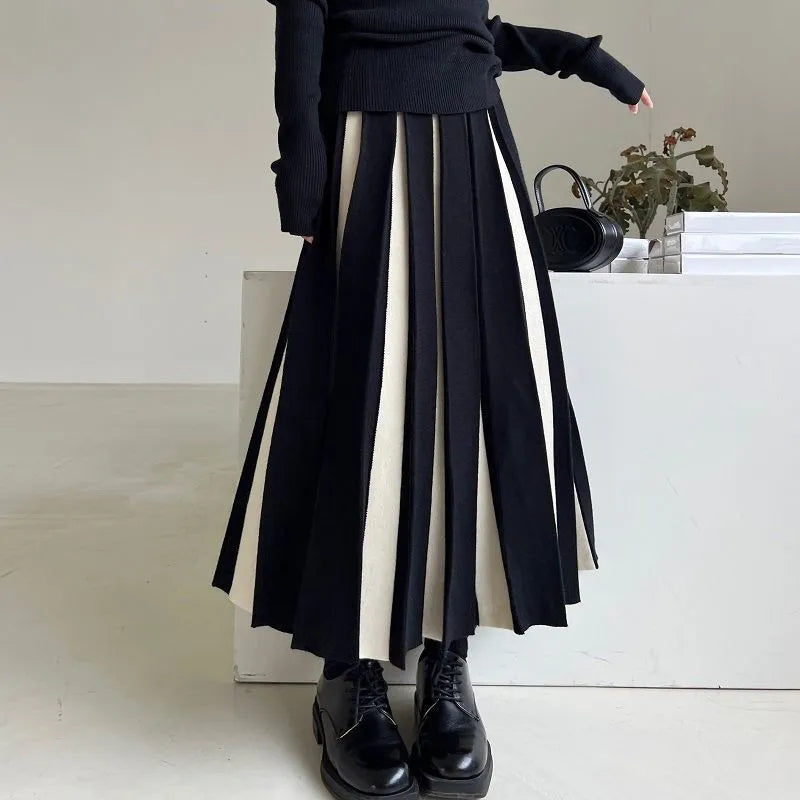 Fashion Patchwork Knitted Long High Waist Pleated Skirt
