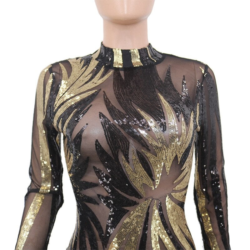 Luxury Sequin Sparkle Sheer Mesh Midi Bodycon Elegant Party Dress