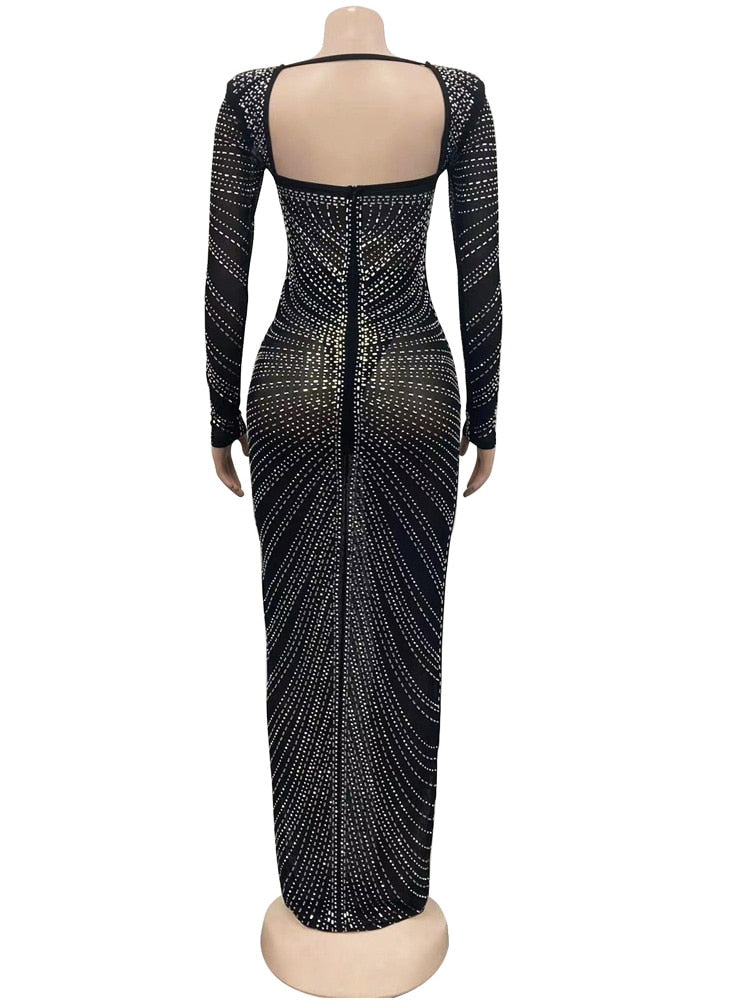 Sexy Mesh Luxury Sheer Diamonds Bodycon Maxi Dress