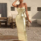Spaghetti Strap Gold Midi Fashion Wrap Backless Dresses