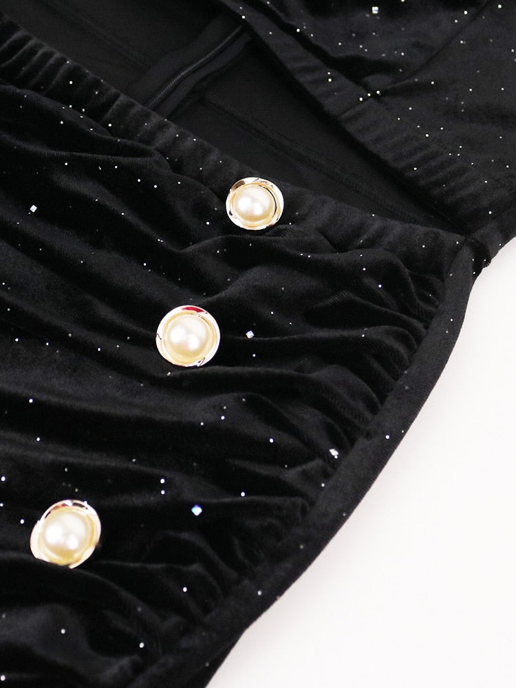 Black Velvet Elastic High Waist Long Sleeve Glitter Sexy Navel Pleated Slit Evening Party Dress 4XL