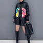 Fashion Women's Leather Printed Zipper Full Sleeve Patchwork Temperament Versatile Coat
