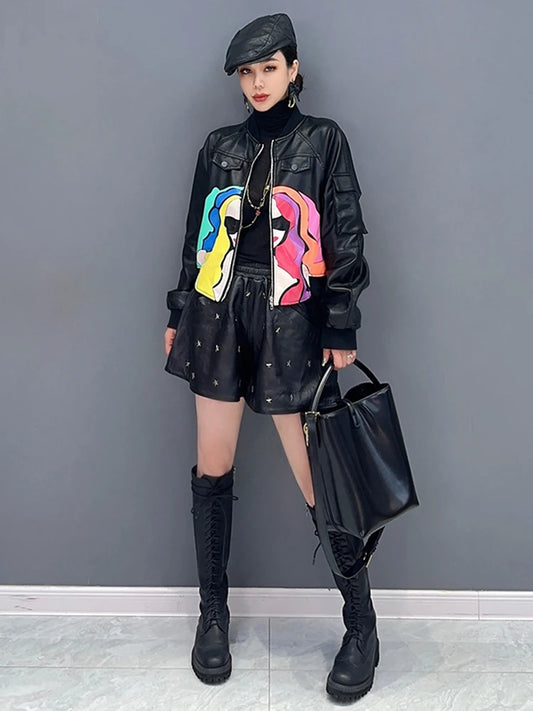 Fashion Women's Leather Printed Zipper Full Sleeve Patchwork Temperament Versatile Coat
