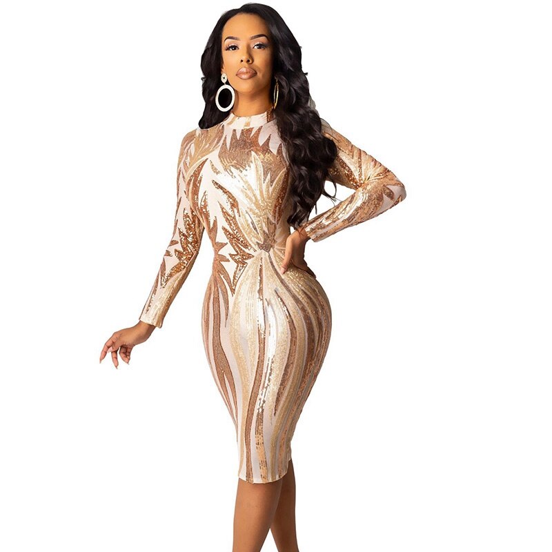 Luxury Sequin Sparkle Sheer Mesh Midi Bodycon Elegant Party Dress