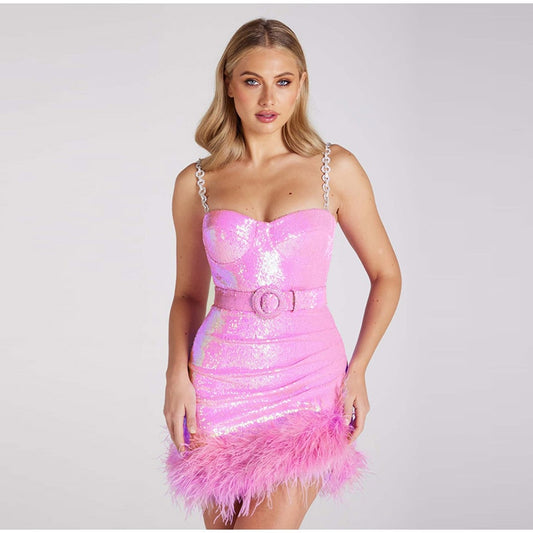 Sexy Sequins Feather Pleated Backless V Neck Sleeveless  Mini Dresses With Belt