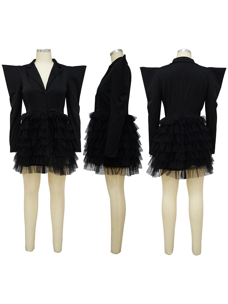 Fashion Blazer Style Long Sleeve Ruffles Mesh A-line Mini Dress