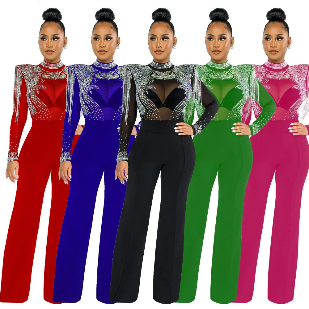 Luxury Crystals Stand Neck Stunning Club Jumpsuits