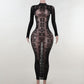 Sexy See Through Bodycon Long Sleeve Letter Printed Party Knitted Dress