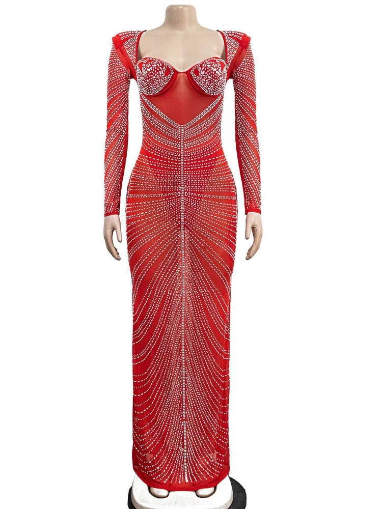 Sexy Mesh Luxury Sheer Diamonds Bodycon Maxi Dress