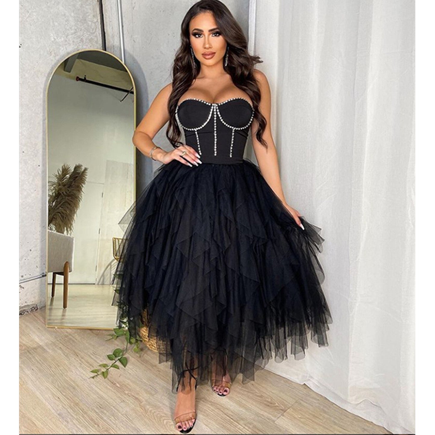 Black Off the Shoulder Ball Gown Rayon Bandage Diamond Line Fashion Evening Party Birthday Outfit