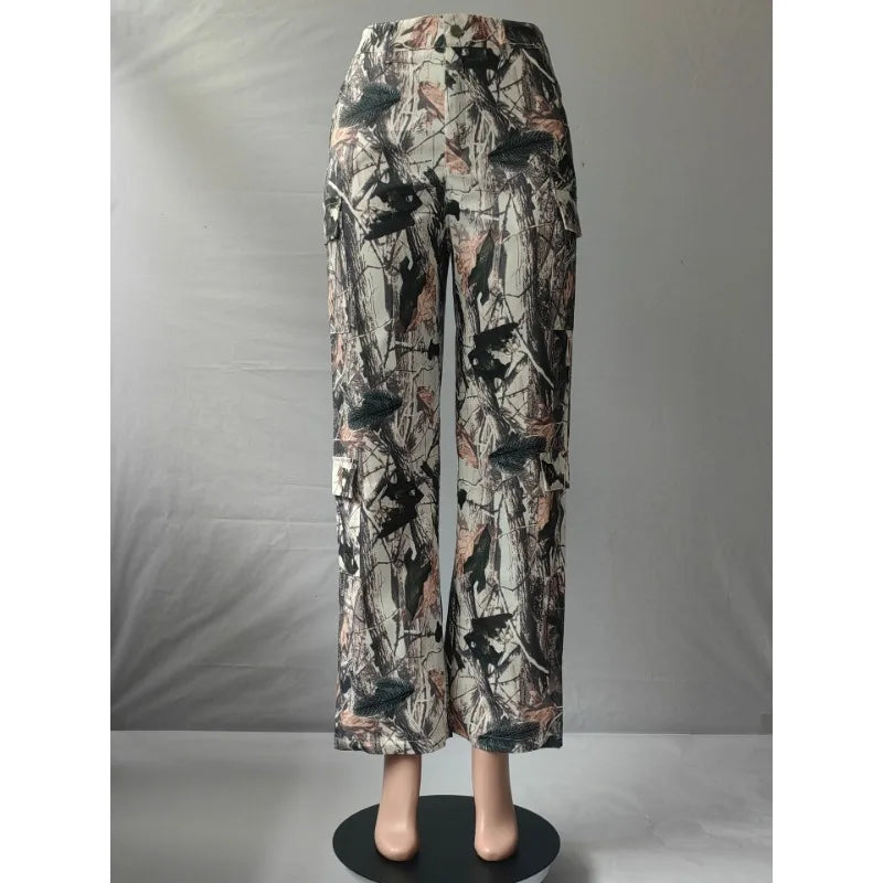 Multi Pockets Printed Cargo Streetwear Loose Straight Leg High Waist Casual Trousers