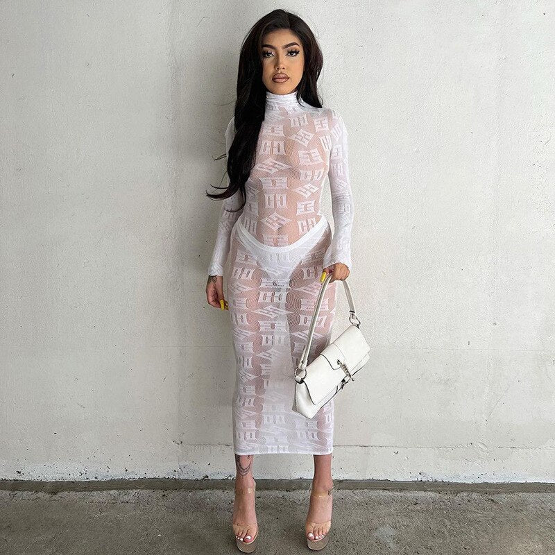 Sexy See Through Bodycon Long Sleeve Letter Printed Party Knitted Dress