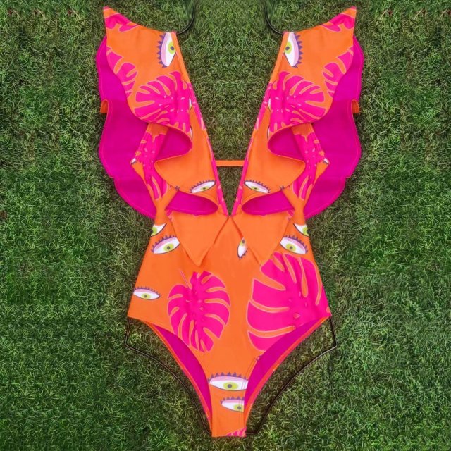 2022 New Print Swimwear Deep V-neck Ruffle Swimsuit