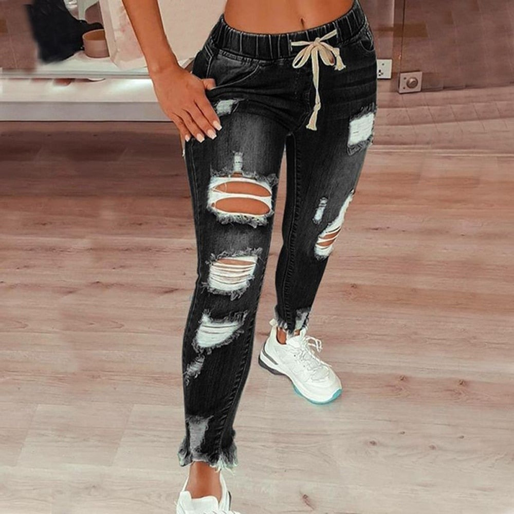 2021 Drawstring High Waist Stretch Ripped Hole Jeans