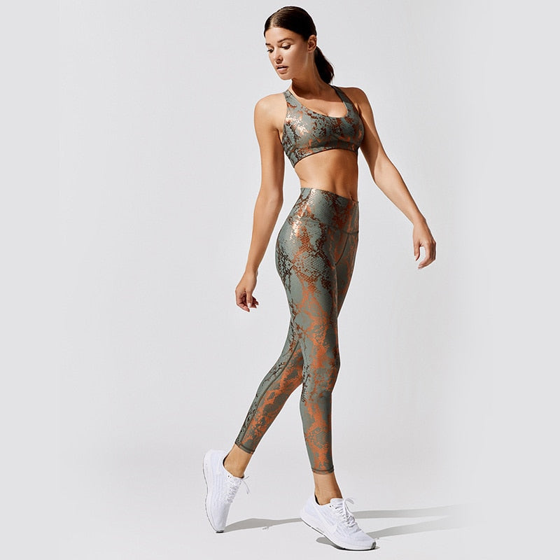 Elastic Snake Print Glitter Seamless Leggings & Matching Sport Bra