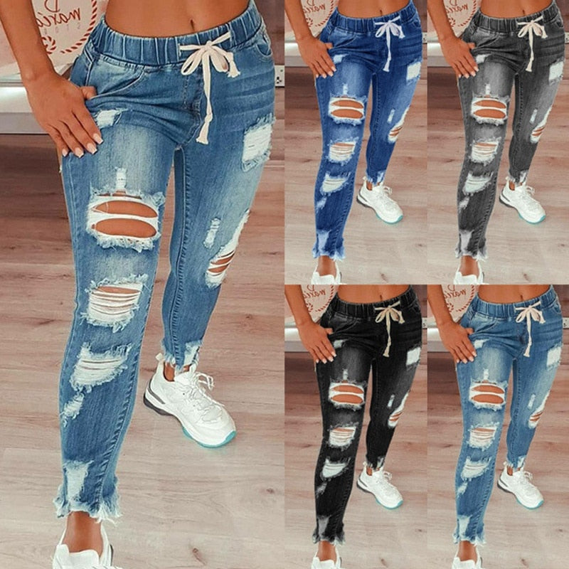 2021 Drawstring High Waist Stretch Ripped Hole Jeans