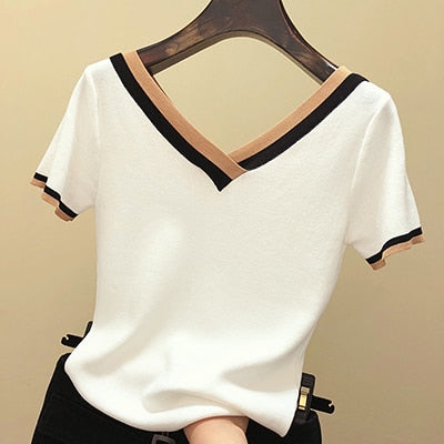 V-Neck Contrast Color Striped Knitted T Shirt
