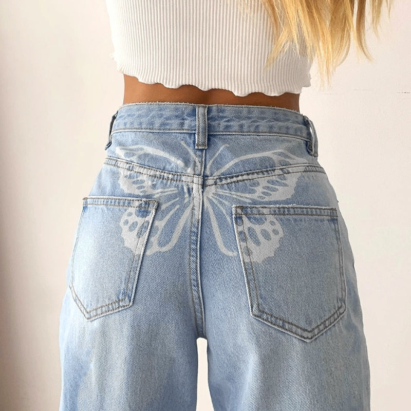 Butterfly Print Denim Pants