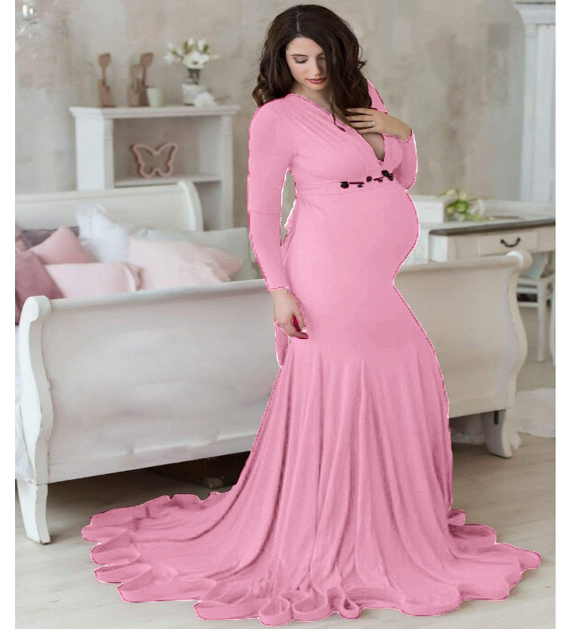 Long Tail Maternity V-Neck Maxi Gown Cotton Dress
