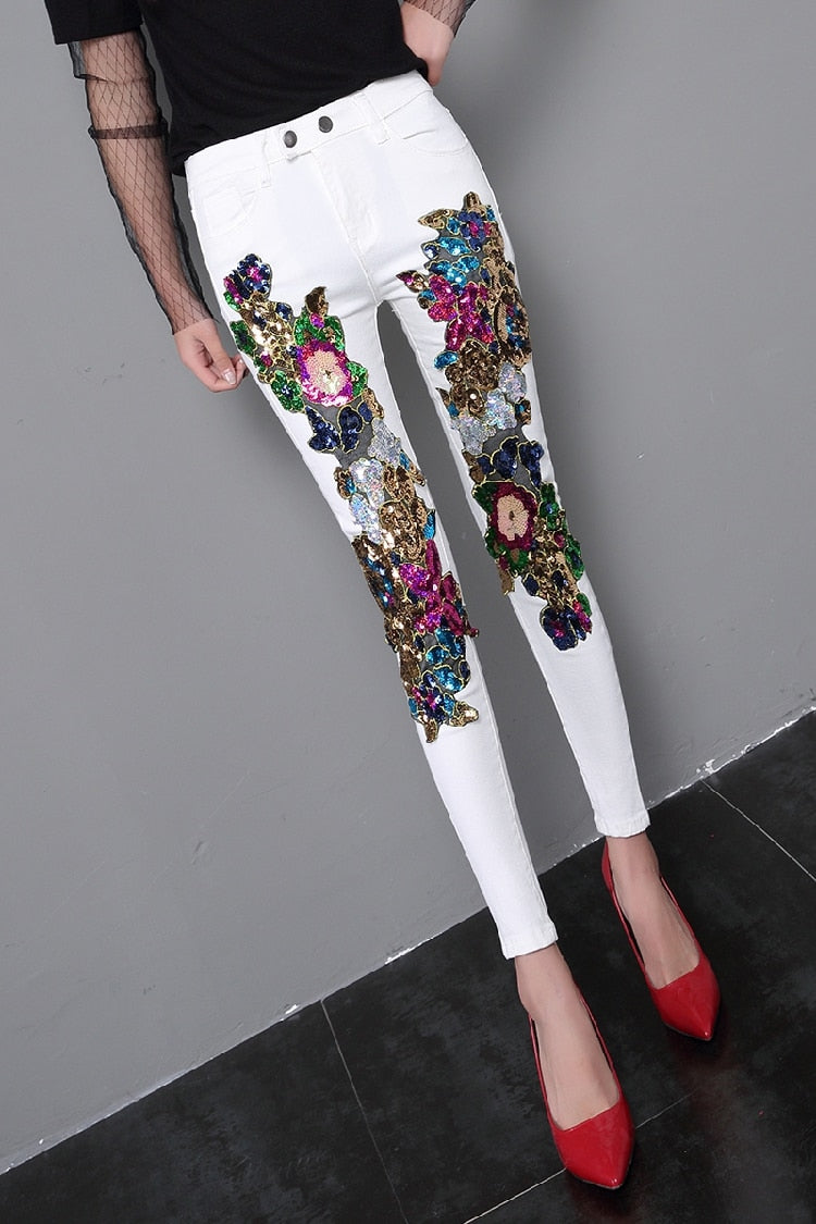Sequins White Denim Slim Stretch Jeans Trousers + Matching Top