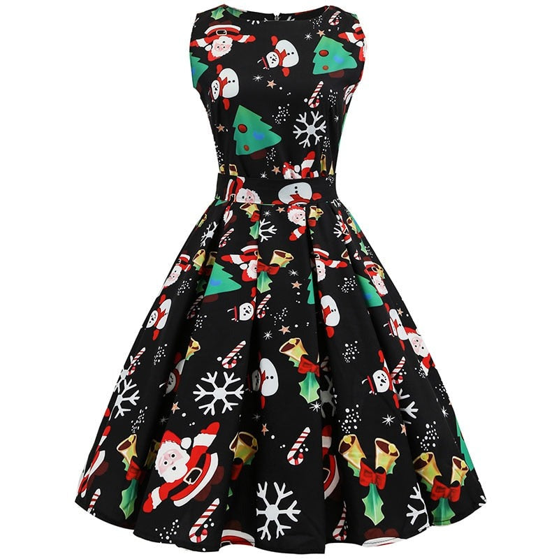 S~3XL Christmas Print Slim Vintage Dress