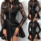 Lace Long Sleeve Zipper Pocket Large Hem Faux Leather Mini Dress