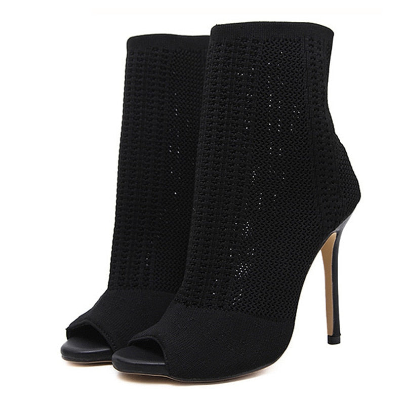 Fashion Ladies Peep Toe Stretch Fabric Knitting Ankle Boots