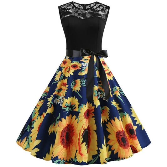Sunflower Print Summer 50s 60s Vintage Dress
