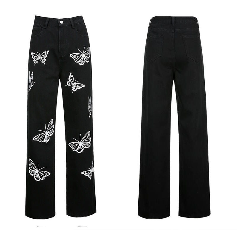 Butterfly-pattern Loose Leisure Korean Style Black Jeans
