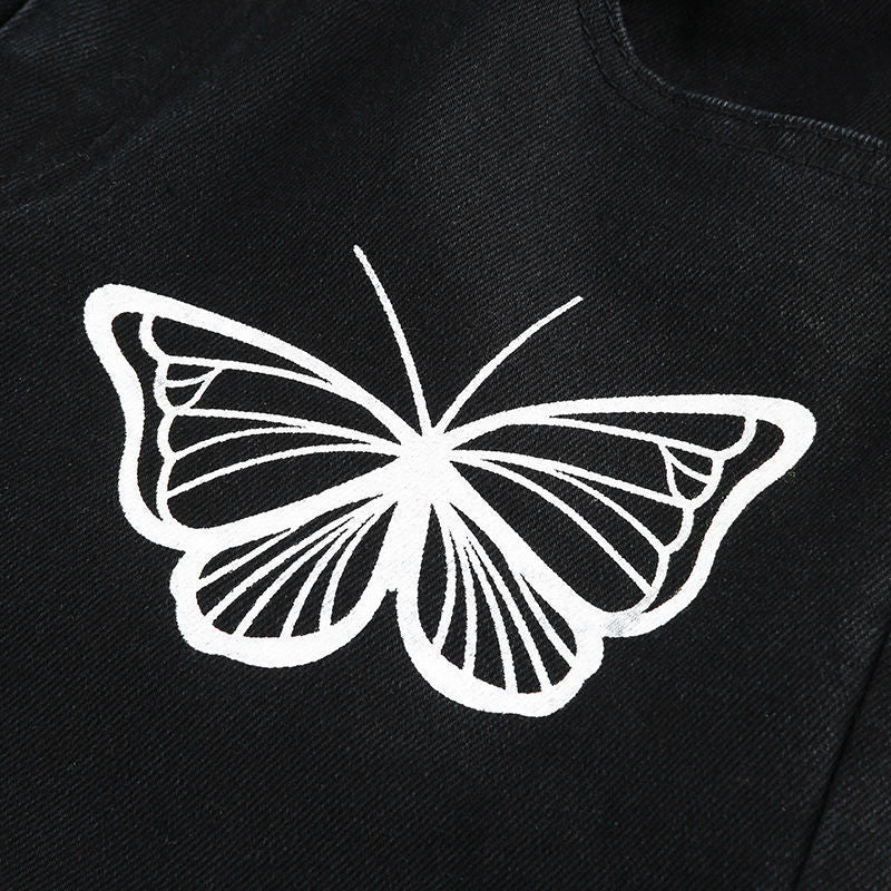 Butterfly-pattern Loose Leisure Korean Style Black Jeans