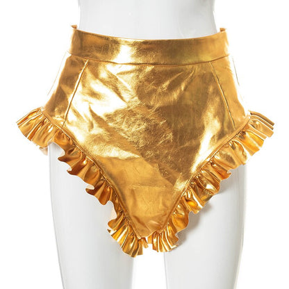 Summer Ruffle Solid Holiday Zipper PU Leather Shorts