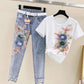 2022 Summer One-Piece/Set Denim Beaded Embroidery Pants & Short-Sleeved Top