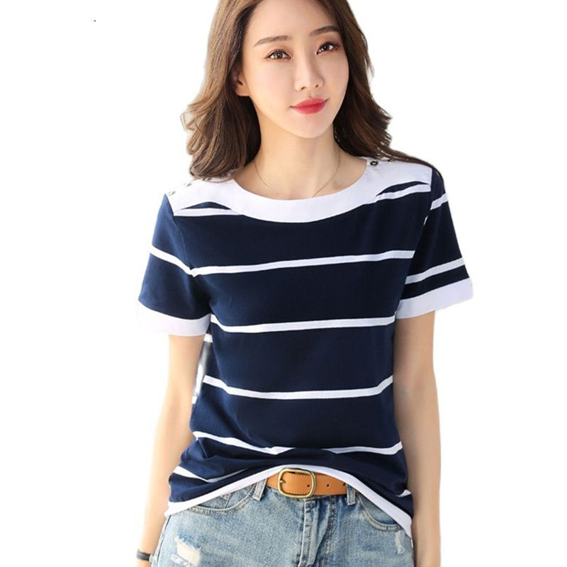 2022 Summer Blue White Striped Short Sleeve Cotton T-Shirt