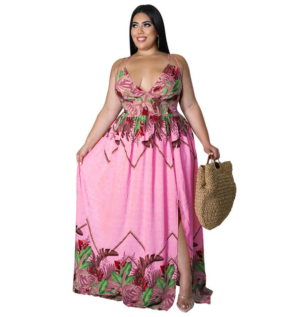 Plus Size  Summer  Sexy Loose Sleeveless Sling Print Dress