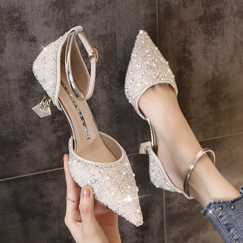 2022 New Arrival Bling Shiny Ankle Strap Crystal Square Heel Shoes