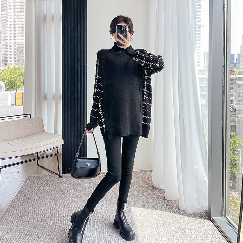 Autumn Winter Patchwork Knitted Maternity Sweater