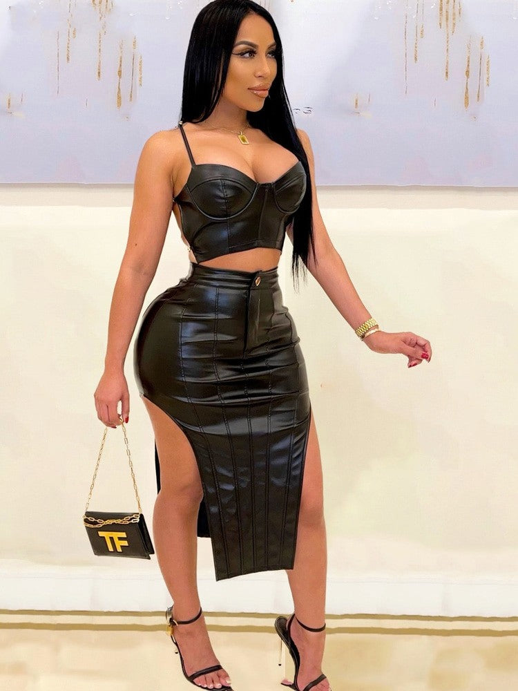 Beautiful Gold Chain Back Top & Leather Skirt Set