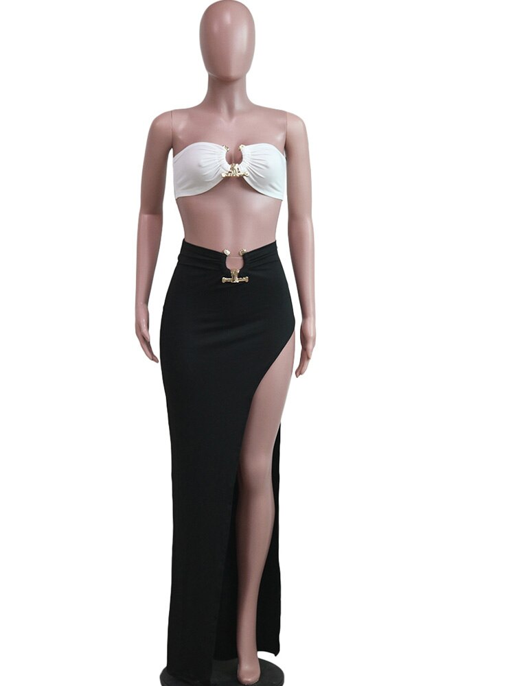 New Chic Gold Ring Bandeau Slit Skirt Two-Piece Set