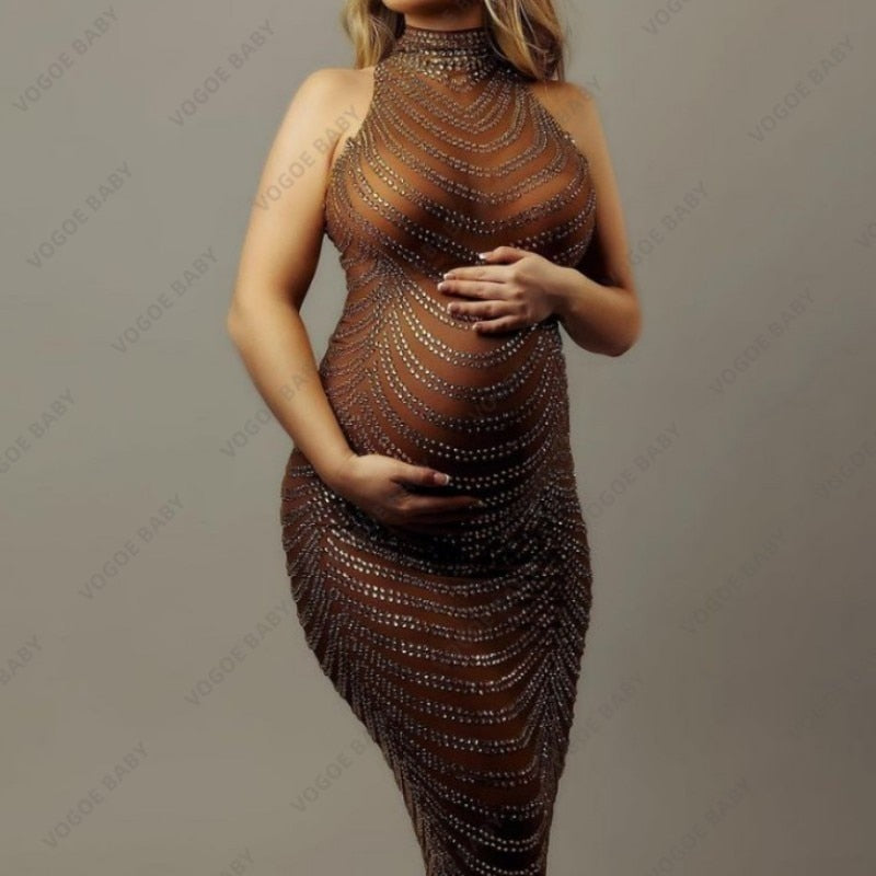Maternity Photography Sexy Shiny Rhinestone Goddess Bodysuit Gown