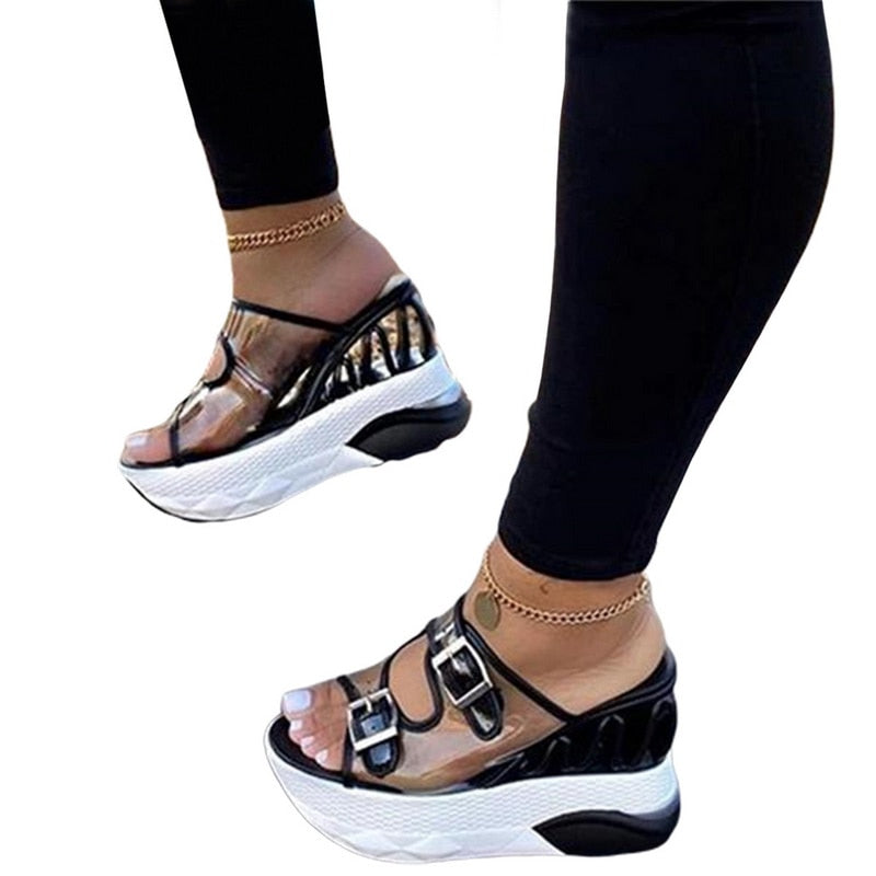 Summer Female Wedge Belt Buckle Transparent High Heel Sandals