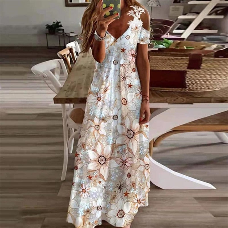 Summer Sexy V-neck Off Shoulder Floral Print Long Dresses