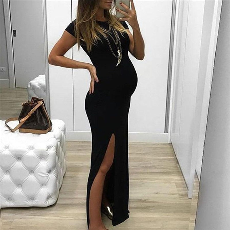 Tight Open Long Solid O-Neck Short Sleeve Maternity Spring Dress