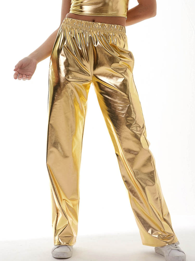 Shiny Straight Leg Casual High Waist Metallic Super Long Holographic Pants Disco Bottoms