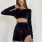 Hot Glam Crystal Fringed Velvet Crop Top And Skirt Set